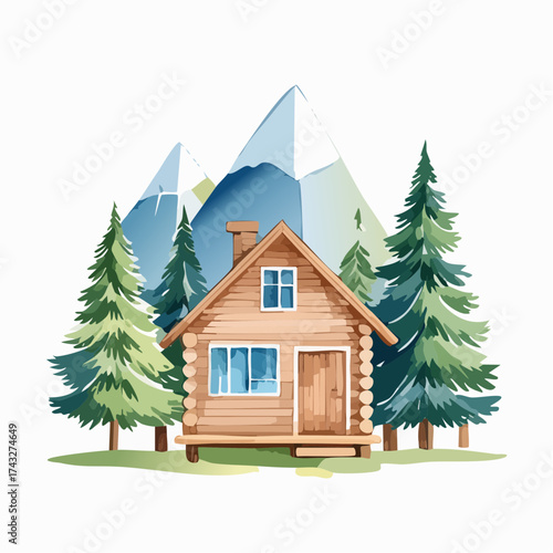 Watercolor illustration of a charming wooden log cabin nestled in a lush pine forest, with majestic snow-capped mountains, evoking a tranquil natural retreat