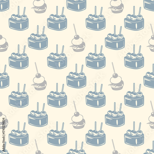 Vector seamless pattern with cakes and cupcakes in minimalist retro style on beige background