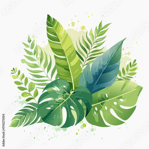 Botanical illustration featuring a lush arrangement of green tropical jungle leaves, such as monstera and banana leaf, painted in a modern watercolor style