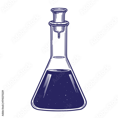 Vintage illustration of a chemical erlenmeyer flask with dark liquid inside a lab bottle.