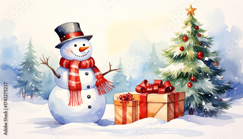 Christmas Snowman in cylinder with gift box in winter forest. Watercolor New Year card.