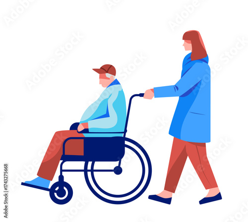 Elderly man in wheelchair assisted by caregiver flat style people walking healthcare support white background