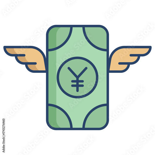yen cash flying linear color icon design