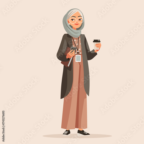 Muslim businesswoman coffee break modern lifestyle holding cup smartphone notebook wearing hijab office badge casual outfit beige background