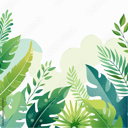 Lush green tropical leaves and exotic botanical foliage create a vibrant, fresh natural border design, perfect for summer backgrounds, eco-friendly promotions, and healthy lifestyle concepts