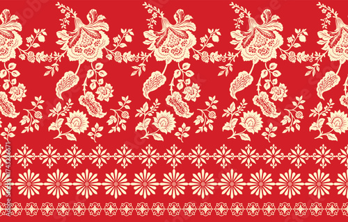 floral pattern vintage ethnic modern embroidery texture boho design vector illustration hand drawn pink flower motif branches leaves wallpaper seamless background border.	
