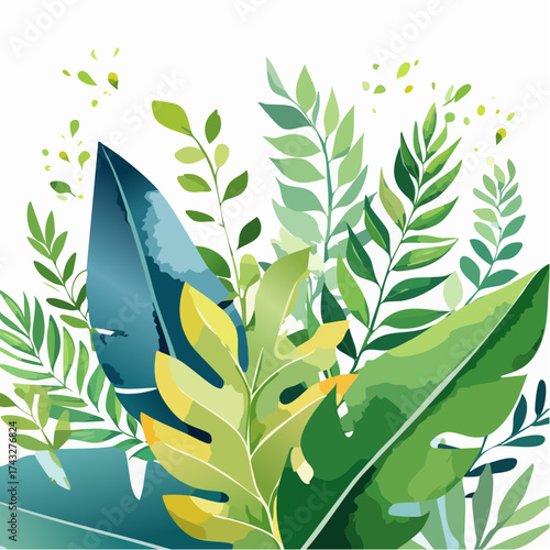 Vibrant watercolor illustration of lush tropical green and teal leaves and foliage on a white background, evoking a natural and fresh botanical theme.