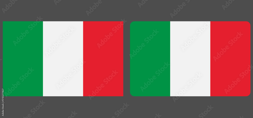 Fototapeta premium Flag of Italy. Flag icon. Standard colours. wave flag Standard sizes. Rectangular flag. Computer illustration. Italian flag in round and heart shape. Vector illustration.