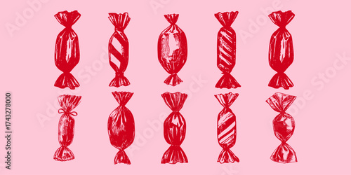 Hand drawn candies in vintage engraving style on pink background, festive sweet illustration for packaging or print.