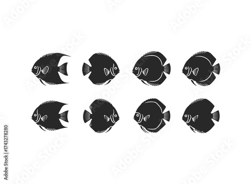 Set of Eight Black Silhouette Angelfish.