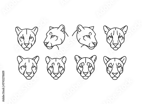 Stylized Line Art Cheetah and Cougar Heads Collection.
