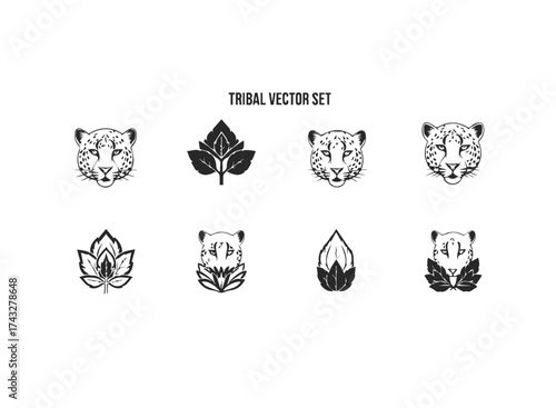 Tribal Leopard Head and Leaf Vector Illustrations.