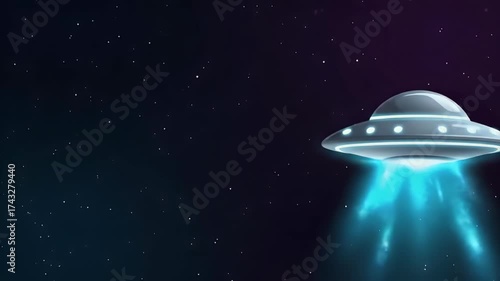 UFO flying in space with blue light beams.