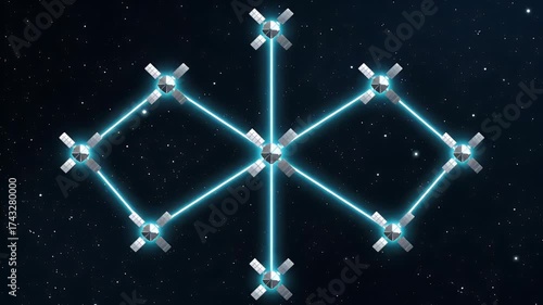 A futuristic network of interconnected nodes with glowing blue lines forming a geometric pattern against a dark starry space background, representing data transfer or communication.