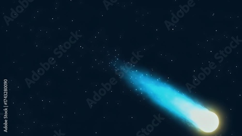 A bright celestial body streaks across the dark expanse of the night sky, leaving a glowing trail.