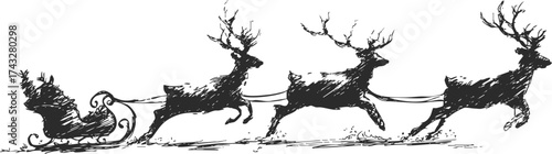 Black and white engraving of Santa Claus flying in his sleigh pulled by reindeer, drawn in classic vintage line style.