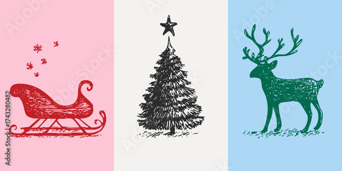 Vintage illustrations of sleigh, Christmas tree, reindeer in colorful minimalist line style.