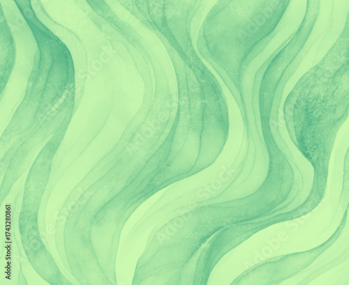Abstract digital watercolor pattern with vibrant wave swirls in shades of green