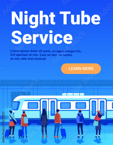 Night tube service urban subway passengers waiting platform train station modern blue background travel concept banner