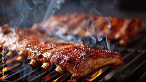 Delicious bbq rib grilling on hot grill with savory food smoke. perfect outdoor cooking meat meal over flame