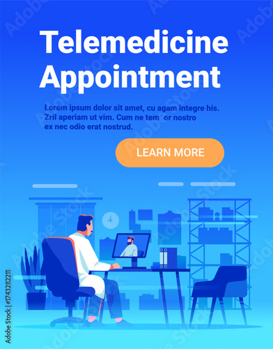 Telemedicine appointment online doctor consultation office interior computer video call blue background modern web banner