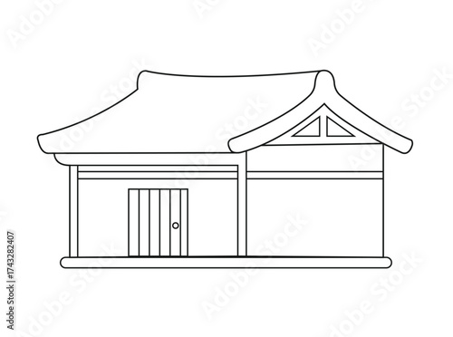 Minimal vector illustration of a traditional Korean Hanok house with clean outline style, depicting cultural heritage architecture, Asian history, and elegant linear design for graphic projects.