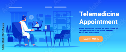 Telemedicine appointment doctor video call consultation modern clinic interior computer screen blue background website banner
