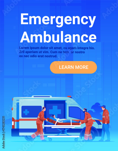 Emergency ambulance paramedics patient stretcher hospital transport medical team blue background modern flat website banner