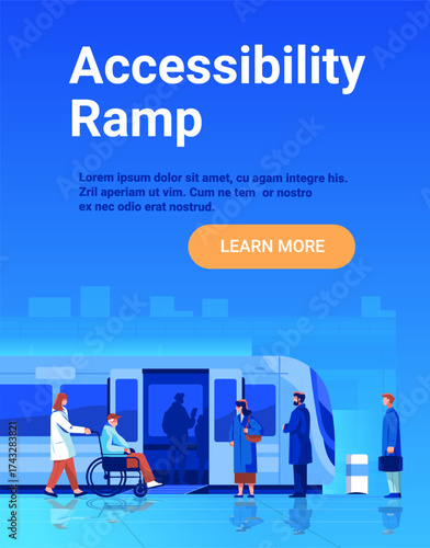 Accessibility ramp train station wheelchair passenger people boarding modern public transport urban platform blue background landing page