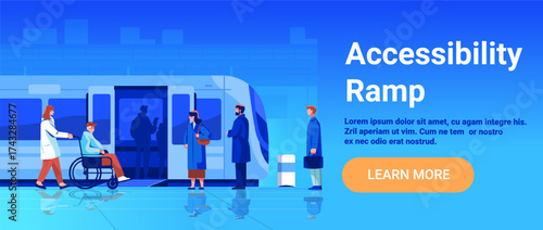 Accessibility ramp public transportation wheelchair user train station diverse people blue background website banner