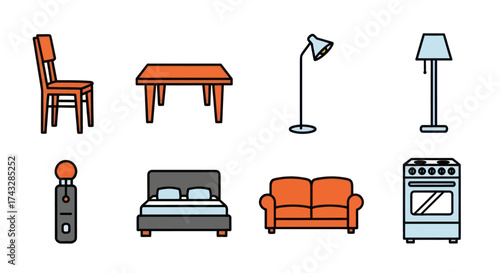 A collection of eight colorful flat design icons representing various household furniture and appliances.