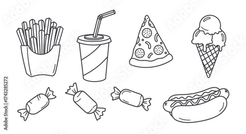 Line art illustration of various fast food items including fries, soda, pizza, ice cream, candy, and a hot dog.
