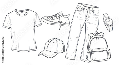 Line drawing of a casual outfit, including a t-shirt, jeans, sneakers, watch, backpack, and cap.