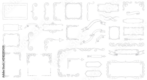 A collection of elegant vintage ornamental frames, borders, and decorative elements in a delicate line art style.