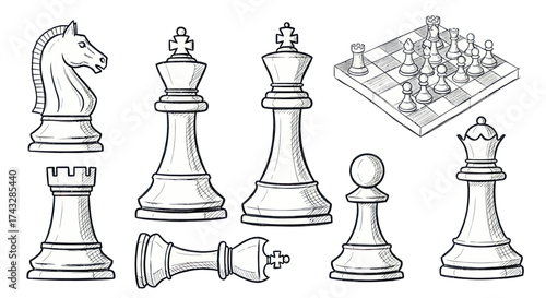 Detailed hand-drawn sketch of various white chess pieces including king, queen, rook, knight, bishop, pawn, and a small chessboard.