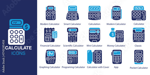 Calculate icon set. Containing economy, tax, budget, digital, calculation and more. Solid vector icons collection. Vector illustration.