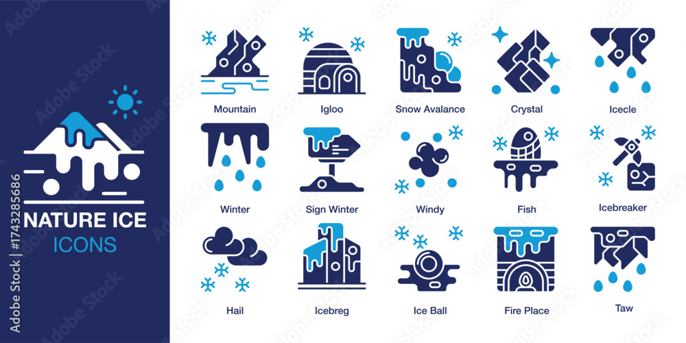Fototapeta premium Nature Ice icon set. Containing frozen, frost, season, weather, glacier and more. Solid vector icons collection. Vector illustration.