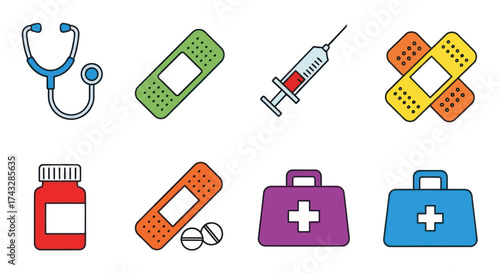 A collection of colorful medical icons including a stethoscope, bandages, a syringe, a pill bottle, and first aid kits.