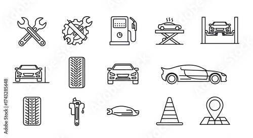 Line art icons representing various automotive services, car parts, and road safety elements.