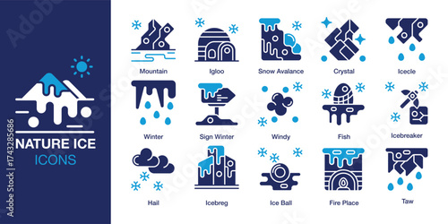 Nature Ice icon set. Containing frozen, frost, season, weather, glacier and more. Solid vector icons collection. Vector illustration.