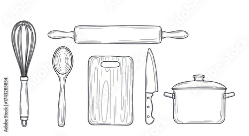 Hand-drawn sketch of various kitchen utensils and cooking tools including a whisk, spoon, cutting board, knife, rolling pin, and pot.