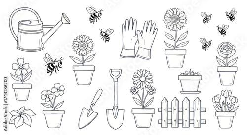Black and white illustration of gardening tools, flowers, bees, and a watering can.