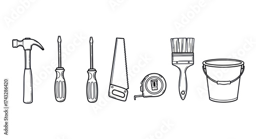 A collection of common household tools including a hammer, screwdrivers, a saw, a tape measure, a paintbrush, and a bucket.