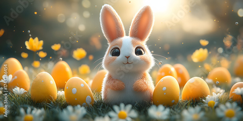 Adorable bunny sits among colorful Easter eggs and flowers in a magical spring setting.