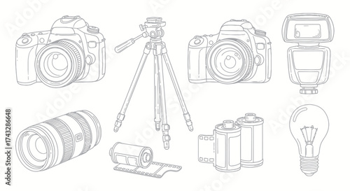 Camera equipment line art illustration: cameras, tripod, lens, film rolls, flash, and light bulb.