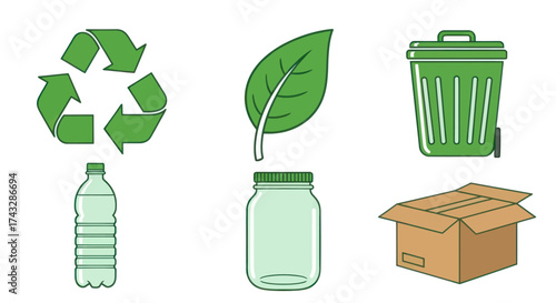 A collection of icons representing recycling and environmental sustainability, including a recycling symbol, a leaf, a trash can, a plastic bottle, a glass jar, and a cardboard box.