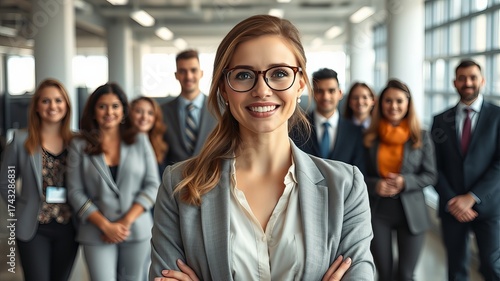 A confident businesswoman with glasses smiles warmly in her modern office, surrounded by her diverse and supportive team, creating a successful workplace scene.