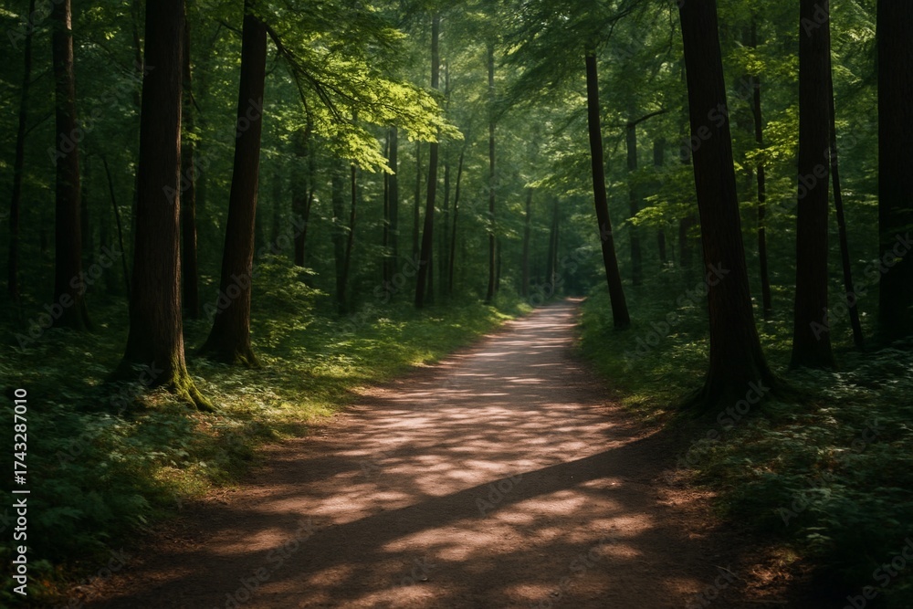 Fototapeta premium Peaceful forest pathway bathed in soft sunlight creating a serene atmosphere for nature walks and calming background inspiration. Ai generative