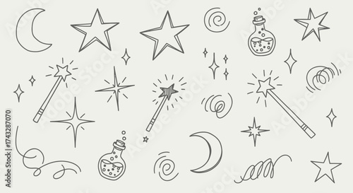 A whimsical collection of hand-drawn magic and celestial elements like stars, moons, and wands.