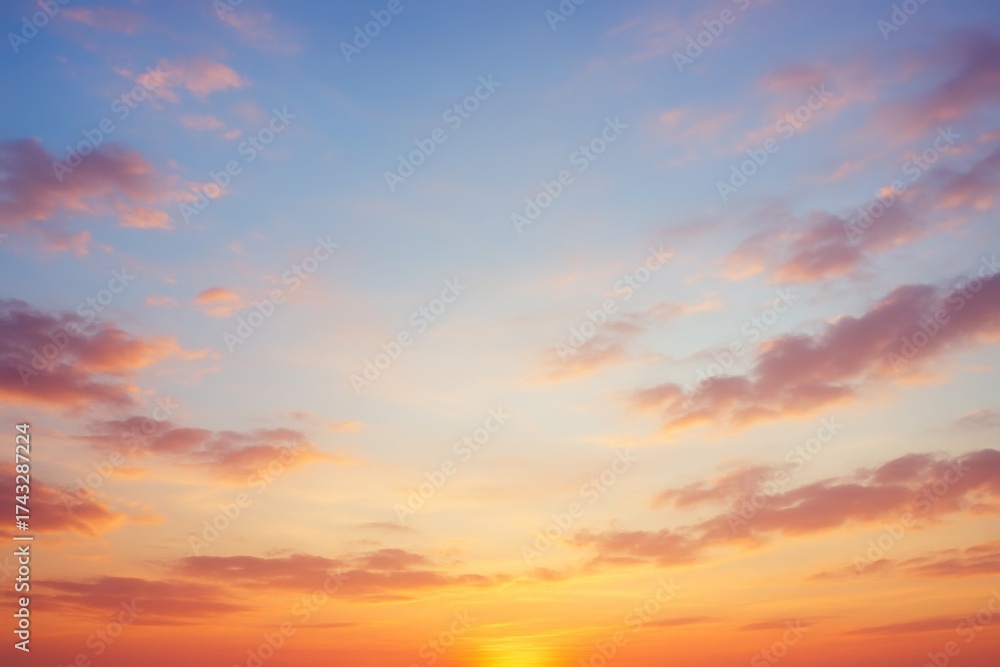 Obraz premium Soft pastel sky during sunrise with scattered clouds and warm sunlight glow in dreamy gradient light background for peaceful abstract concept design. Ai generative